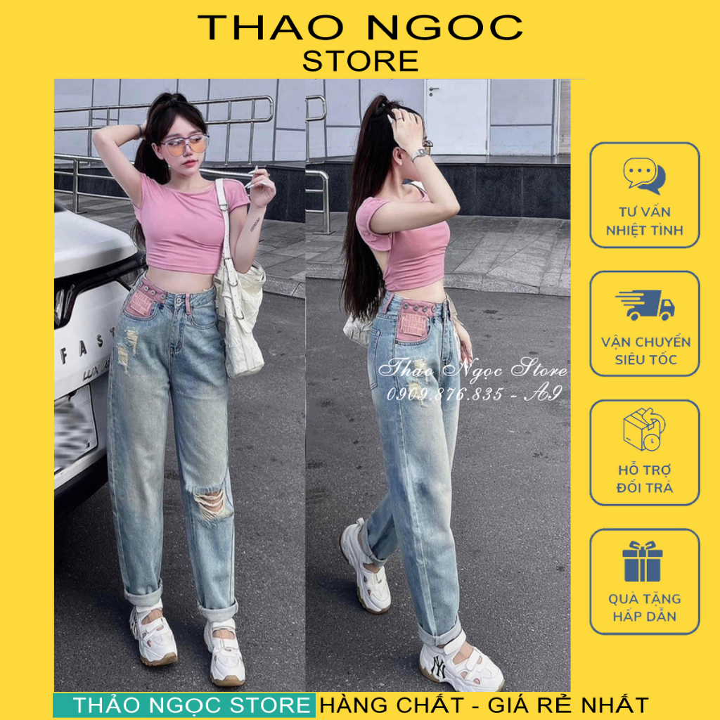 Quần baggy jean nữ rách gối túi phối tag hồng, quần jean nữ ống rộng hàng chuẩn! (có sẵn, hình thật) THẢO NGỌC STORE