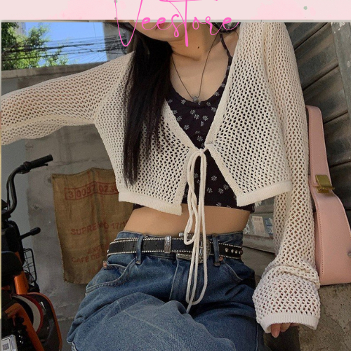 Cardigan dáng ngắn tay vải len dệt kim, Khoác ngoài croptop len lưới buộc dây tôn da tôn dáng Veestore
