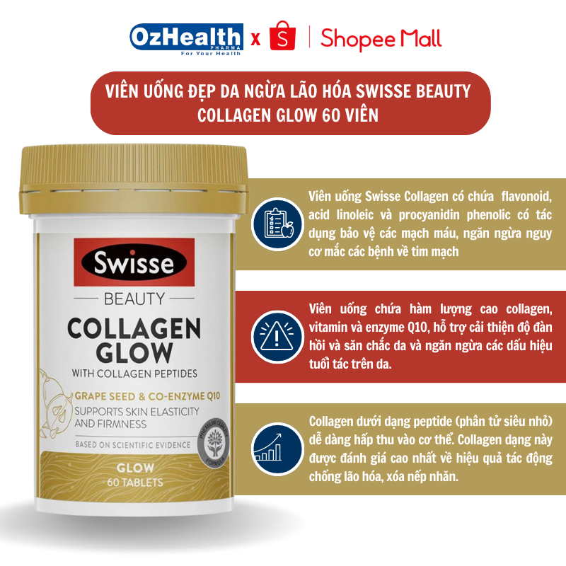 Viên uống đẹp da Swisse Collagen Beauty Glow cải thiện đàn hồi và săn chắc da 60 viên
