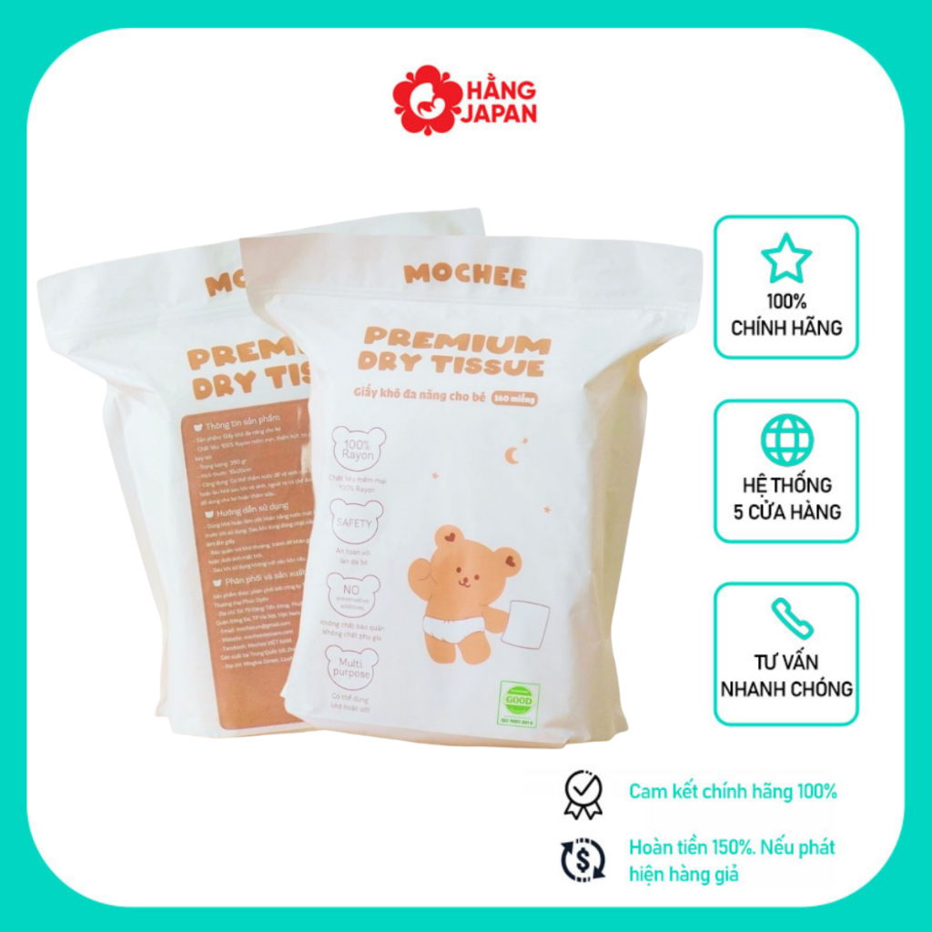 Khăn giấy khô đa năng Mochee 160 tờ, khăn vải khô cho bé sợi bông tự nhiên hàng chính hãng