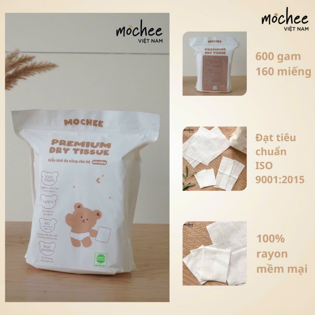 Khăn giấy khô đa năng Mochee 160 tờ, khăn vải khô cho bé sợi bông tự nhiên hàng chính hãng