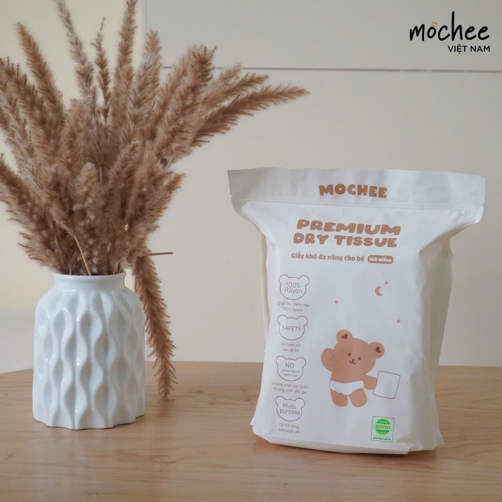 Khăn giấy khô đa năng Mochee 160 tờ, khăn vải khô cho bé sợi bông tự nhiên hàng chính hãng