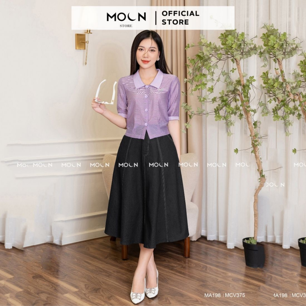 Áo sơ mi ngắn tay mix chân váy công sở 𝐌𝐎𝐎𝐍, áo dáng ngắn họa tiết kẻ chất tơ MA198 chân váy denim lụa sang chảnh MCV375