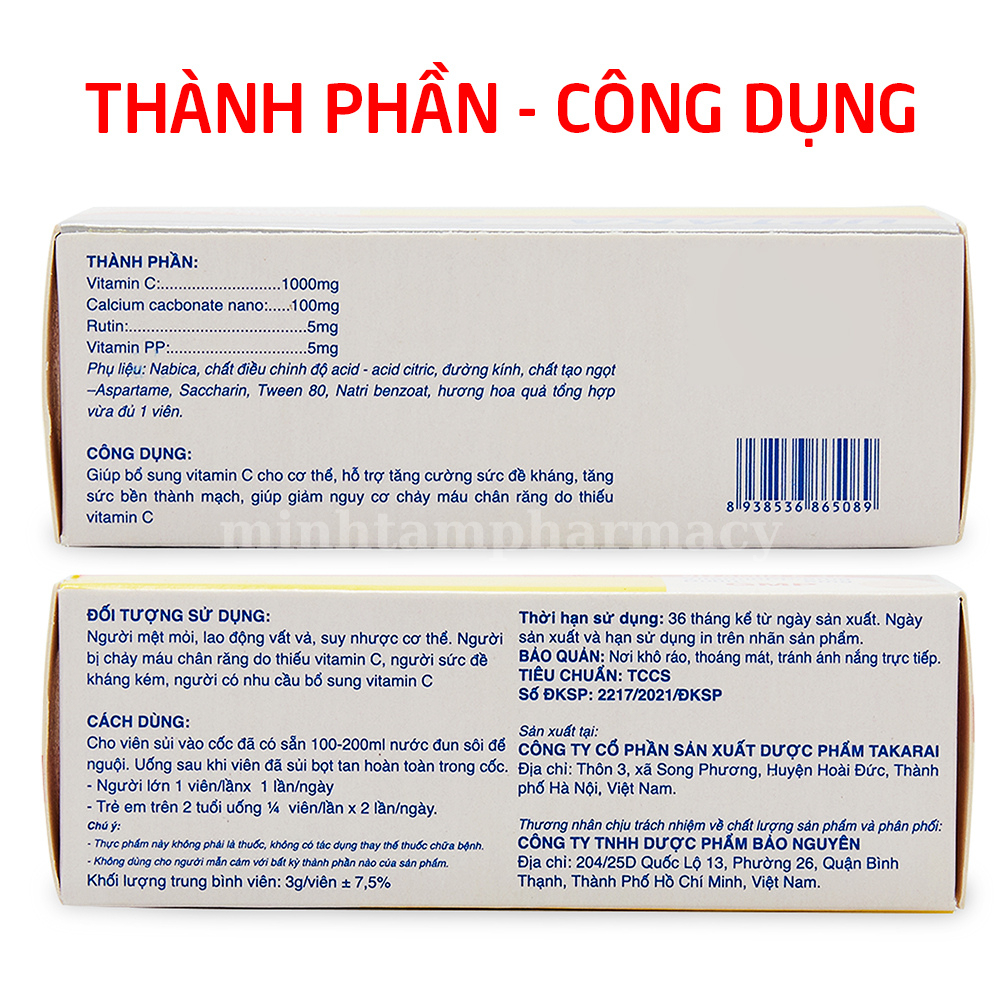 Viên C sủi vitamin C 1000mg UPTAKA C tăng sức đề kháng, tăng sức khỏe, giảm chảy máu chân răng - 10 viên