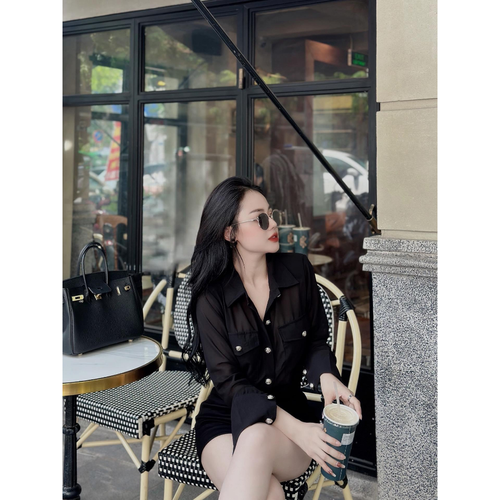 Set sơ mi voan tơ áo sơ mi túi cúc đồng cực sịn quần sooc kaki DN762