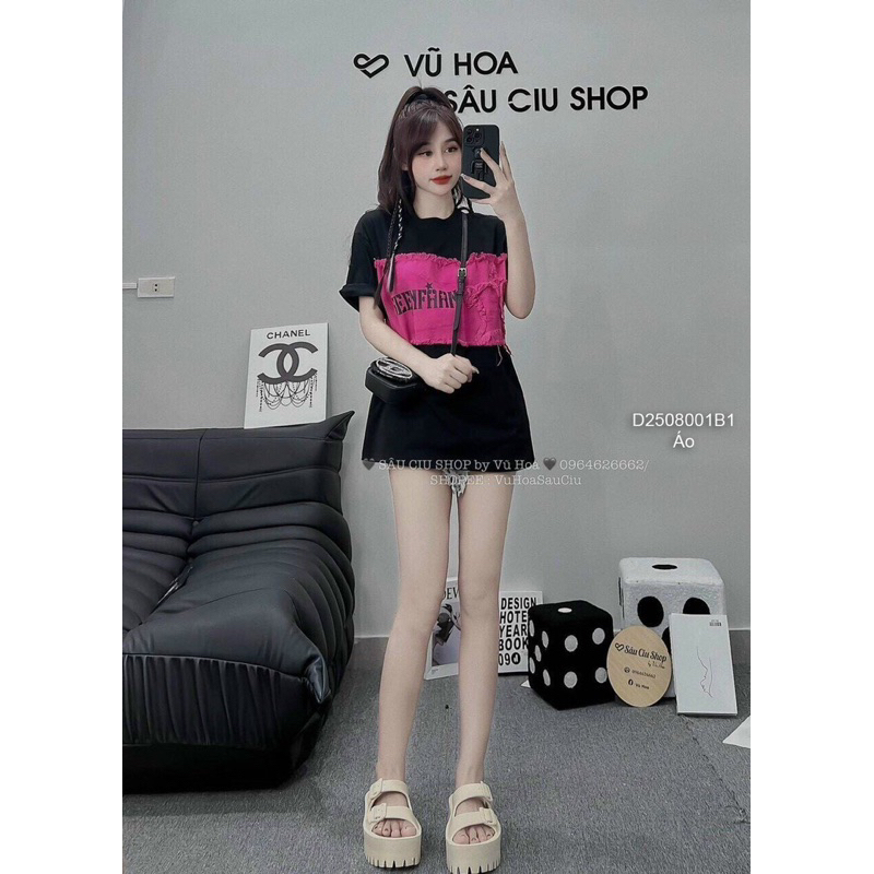 Áo thun tay ngắn ngực phối jean in chữ cực chất!