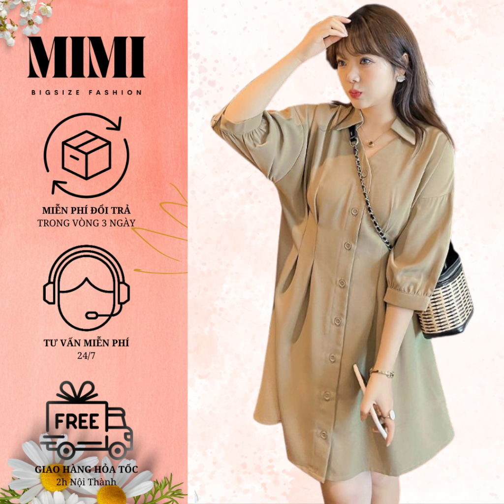 MiMi Bigsize (50KG-95KG) Đầm Big size Cổ Sơ Mi Cài Cúc Chiết Eo Trẻ Trung