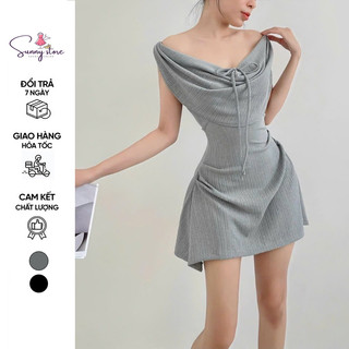 Đầm body xương cá trễ vai dây nơ dáng ngắn xoè nhún thân