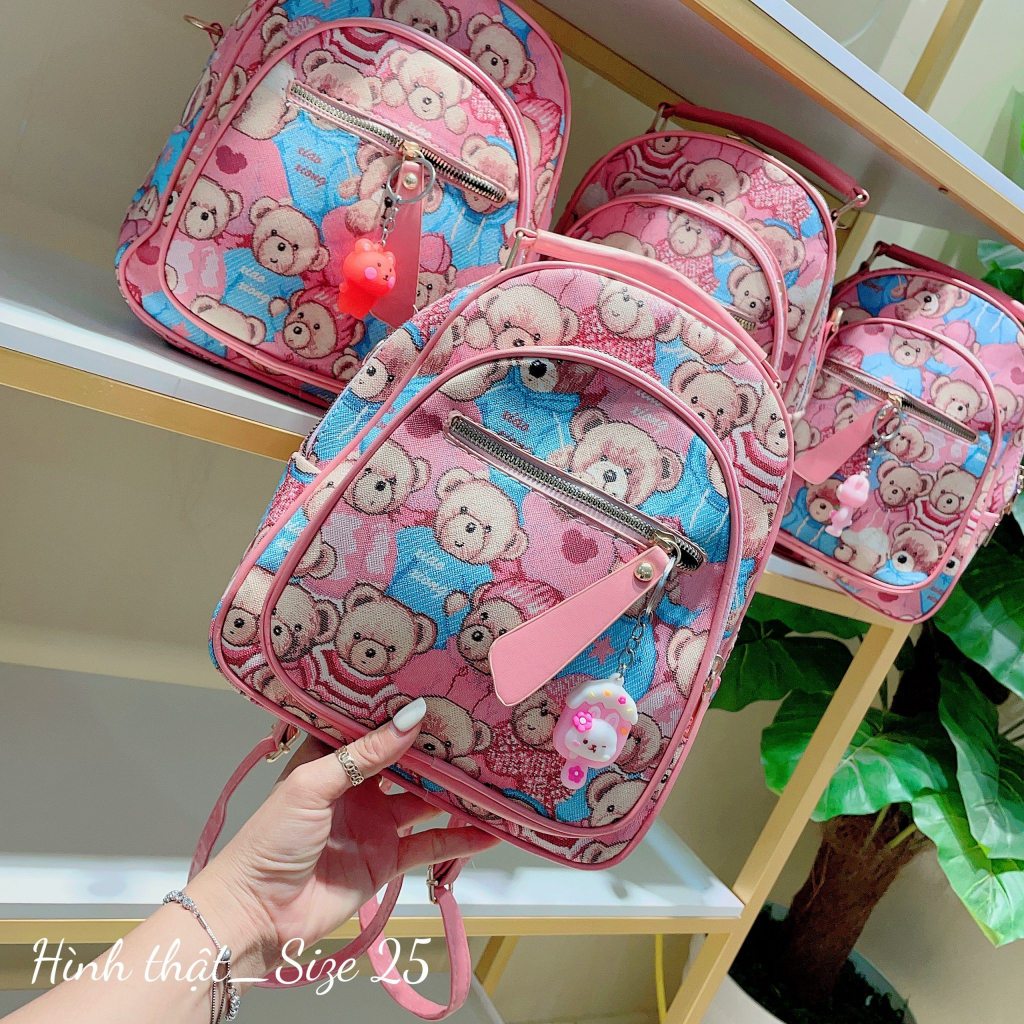 Balo mini nữ gấu hồng họa tiết thời trang du lịch đi học đi chơi phong cách hàn quốc dễ thương