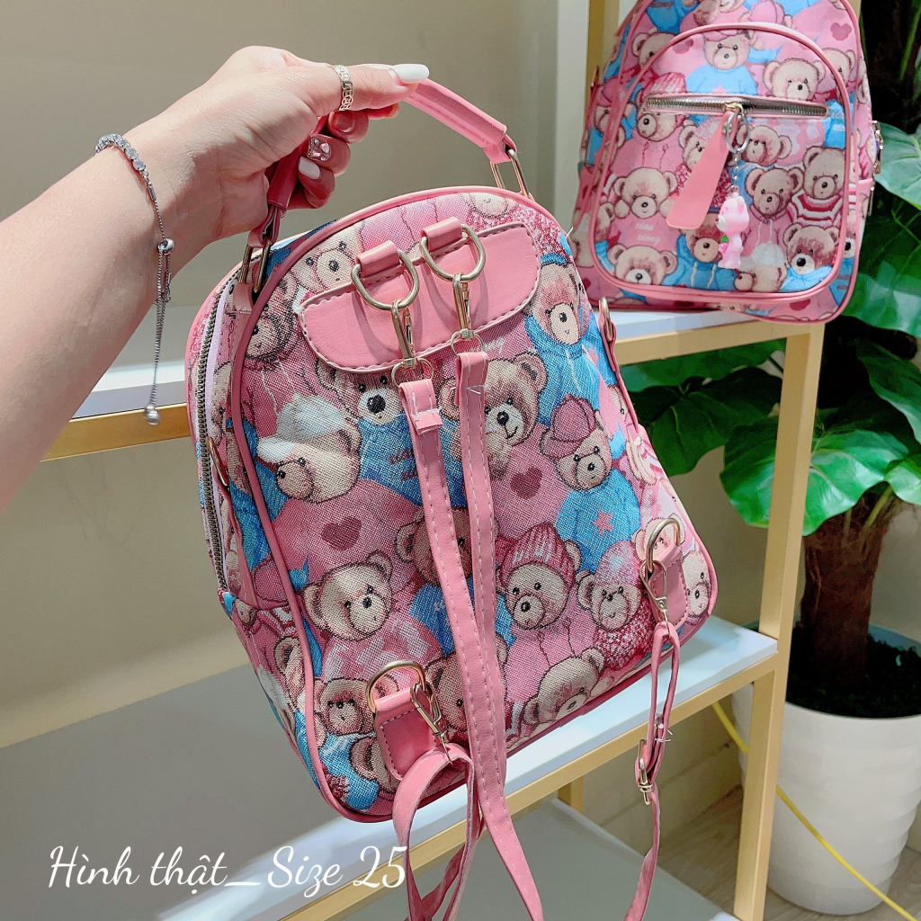 Balo mini nữ gấu hồng họa tiết thời trang du lịch đi học đi chơi phong cách hàn quốc dễ thương