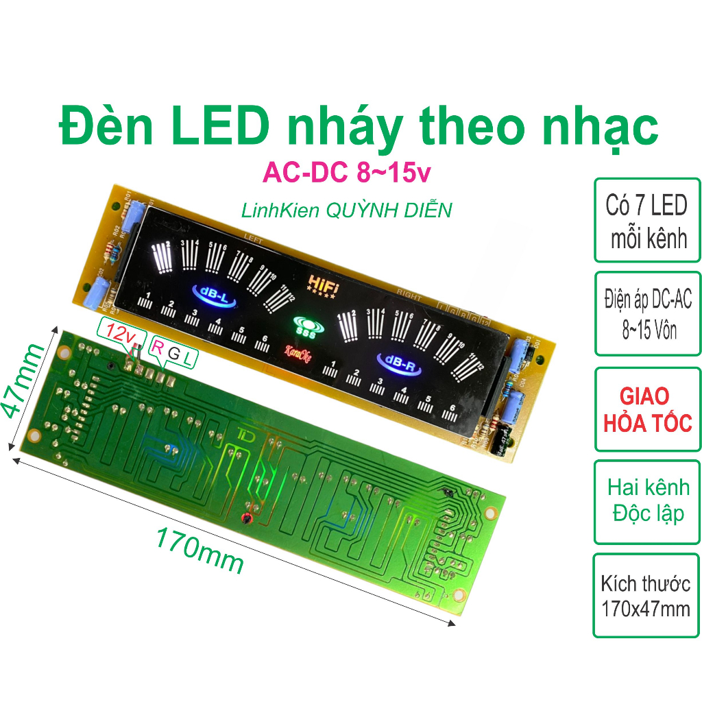 Đèn led nháy theo nhạc 2 kênh, mặt nhựa, dùng cho amply - linh kiện đi