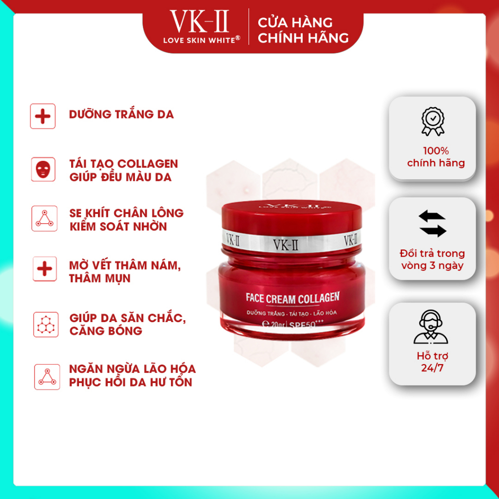 Kem dưỡng trắng, tái tạo và trẻ hóa da VK-II Love Skin White Face Cream Collagen 20g