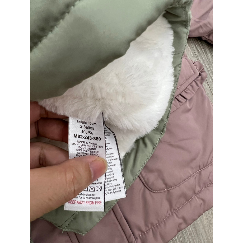 Áo parka bé gái túi bèo mũ lông 2 màu