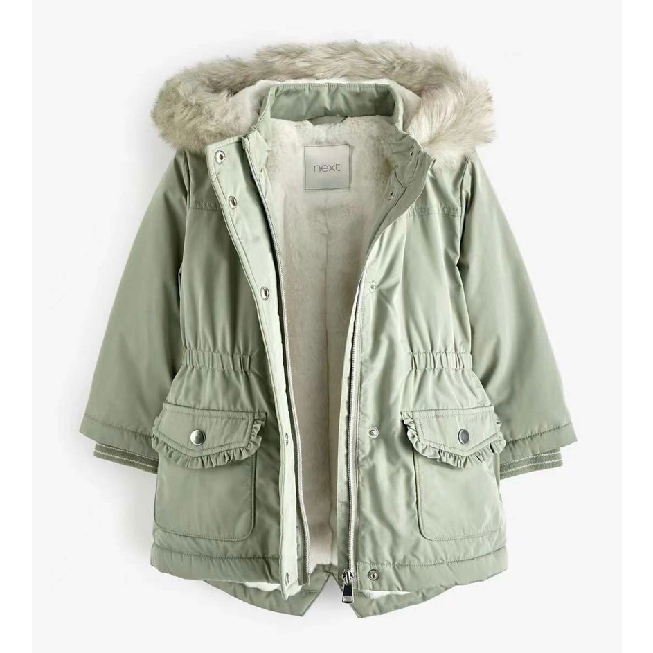Áo parka bé gái túi bèo mũ lông 2 màu