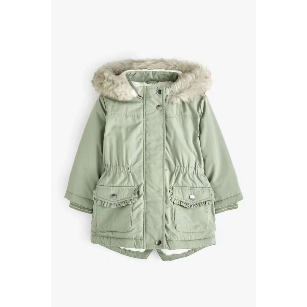 Áo parka bé gái túi bèo mũ lông 2 màu