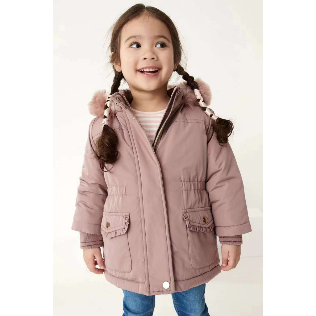 Áo parka bé gái túi bèo mũ lông 2 màu