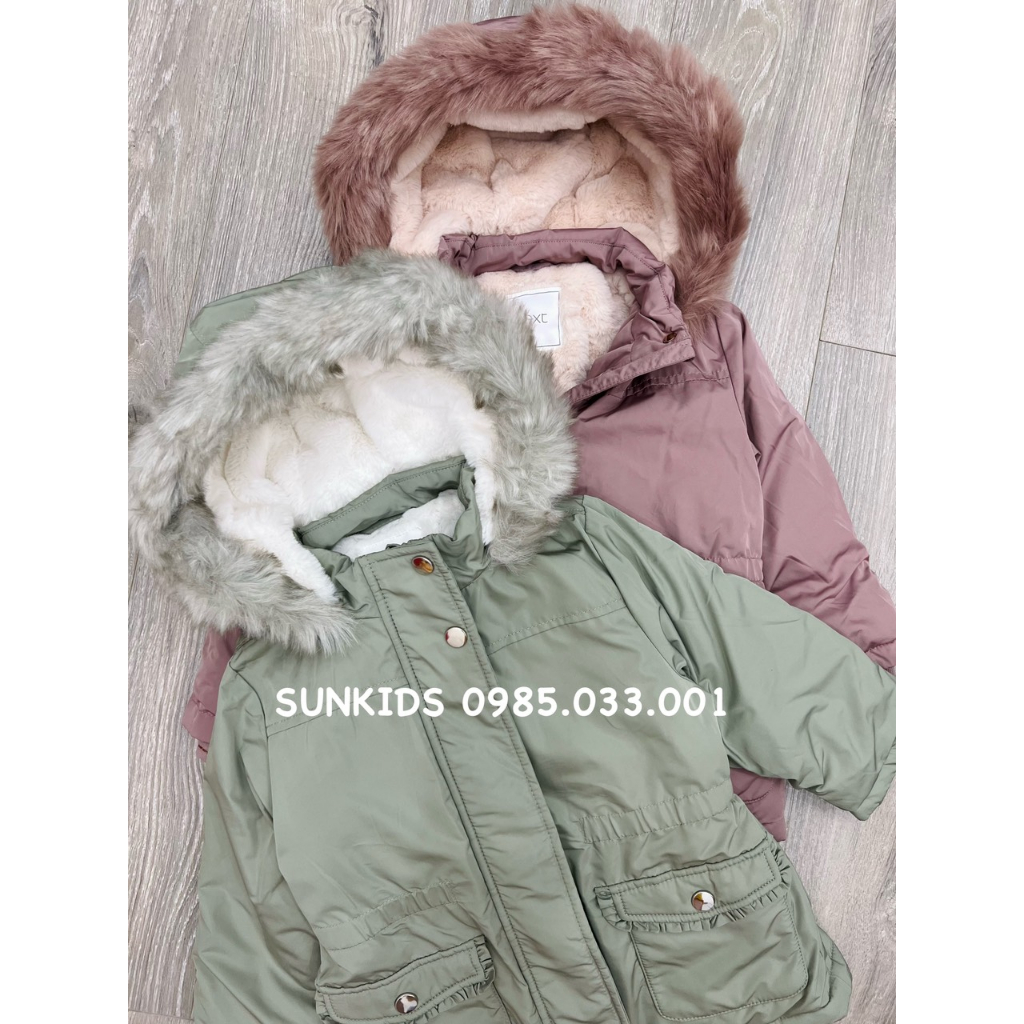 Áo parka bé gái túi bèo mũ lông 2 màu