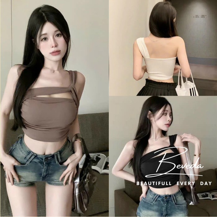 Áo Kiểu Nữ Lệch Vai Dây 1 Bên Cá Tính Ôm Body Croptop Xinh Xắn