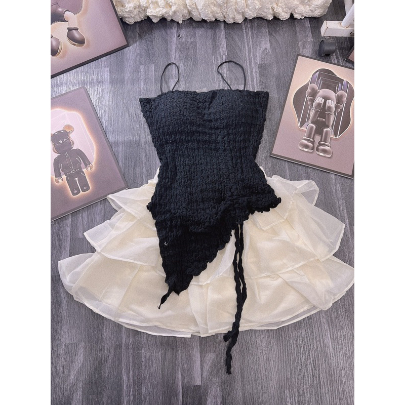 Set Áo Dây Croptop Thun Nhún Tà Xéo Vạt Nhọn RÚT SƯỜN + Quần Short Tơ Tầng Lưng Chun