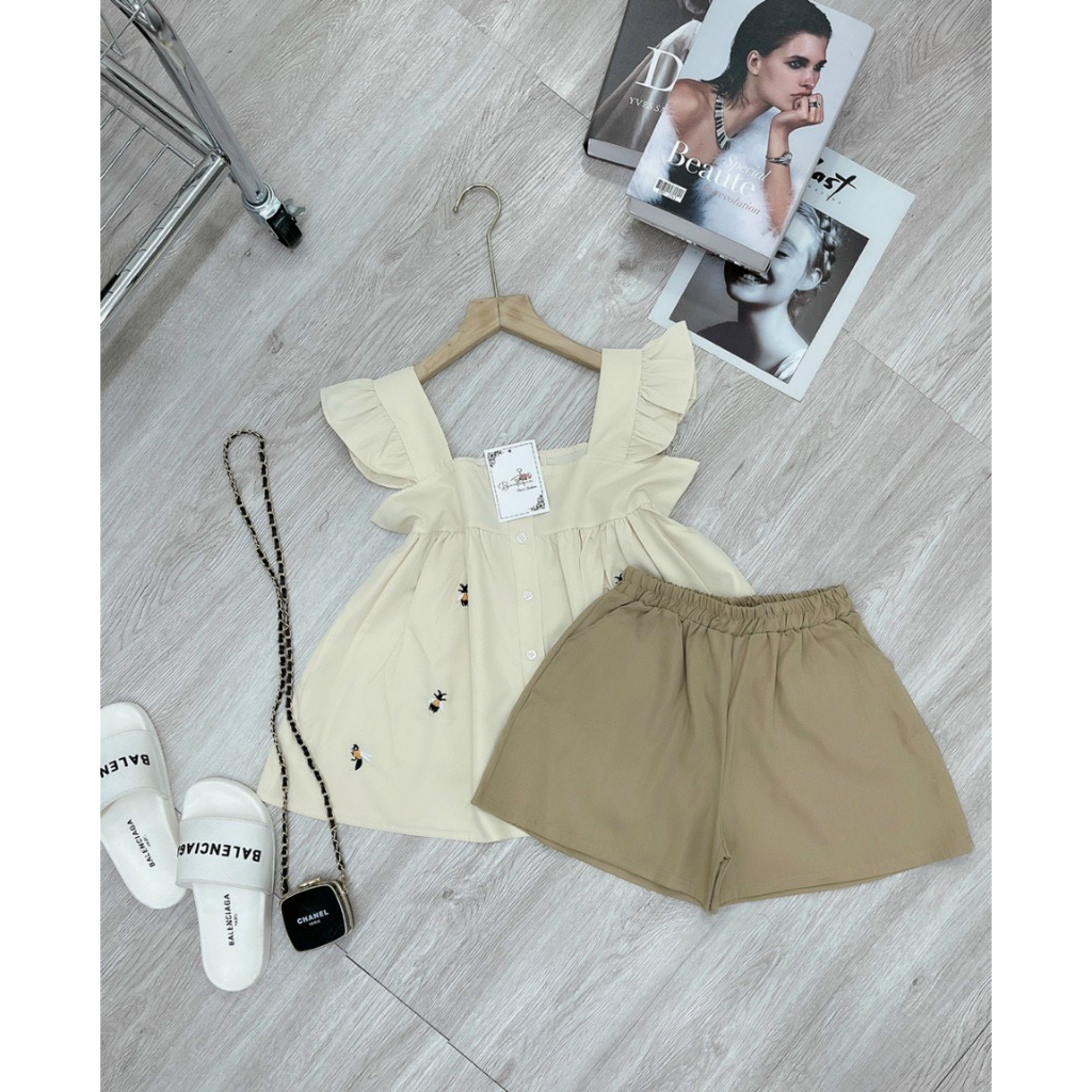 Bộ mặc nhà babydoll nữ thêu tổ ong tay cánh tiên chất đũi lụa mềm mát - Mã B110