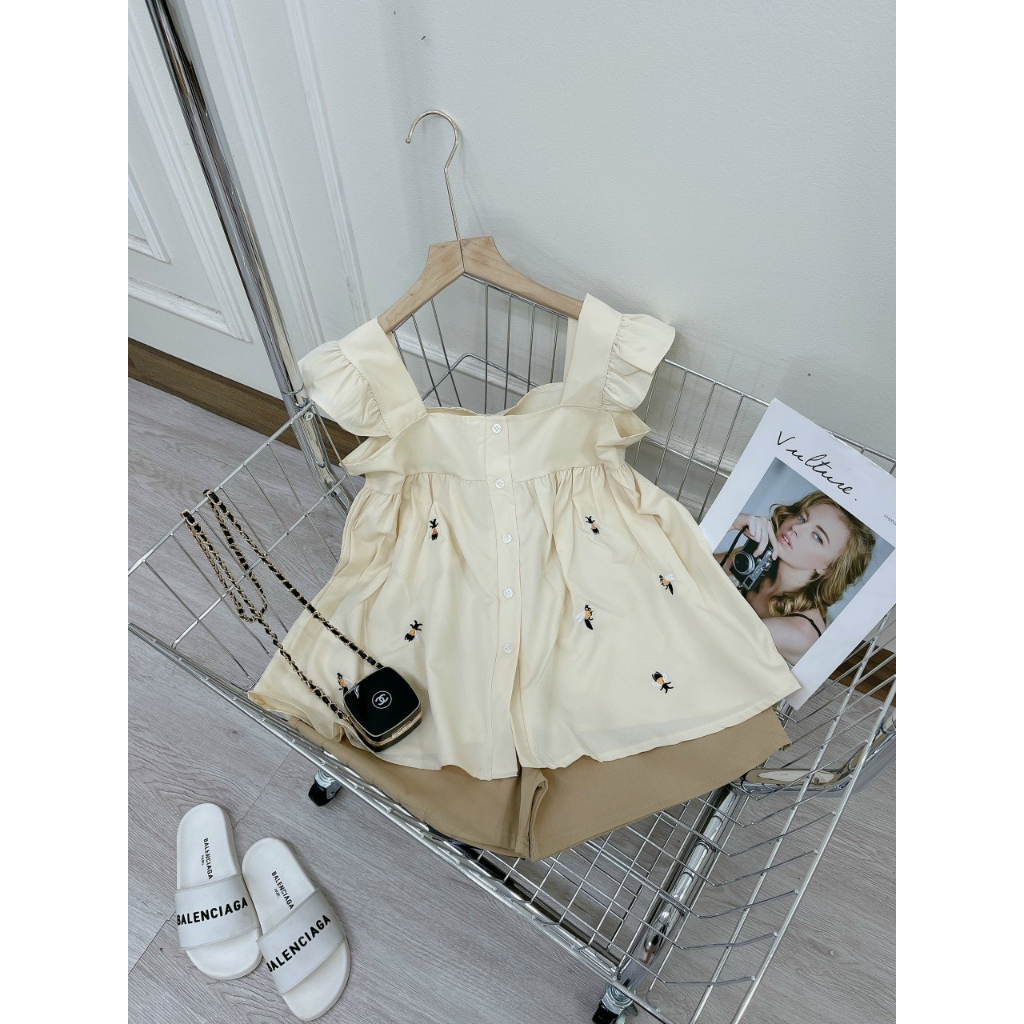 Bộ mặc nhà babydoll nữ thêu tổ ong tay cánh tiên chất đũi lụa mềm mát - Mã B110