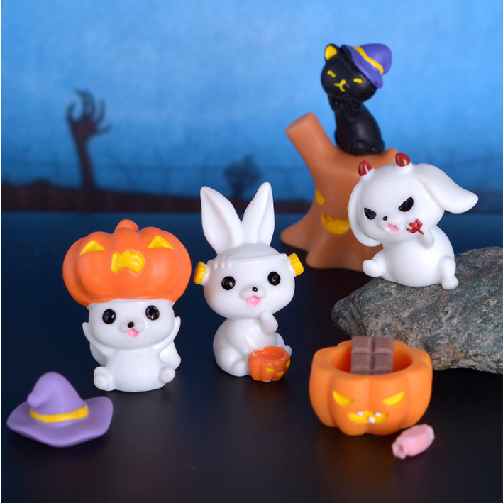 Tượng thỏ trắng cosplay các nhân vật halloween decor terrarium, trang trí bàn