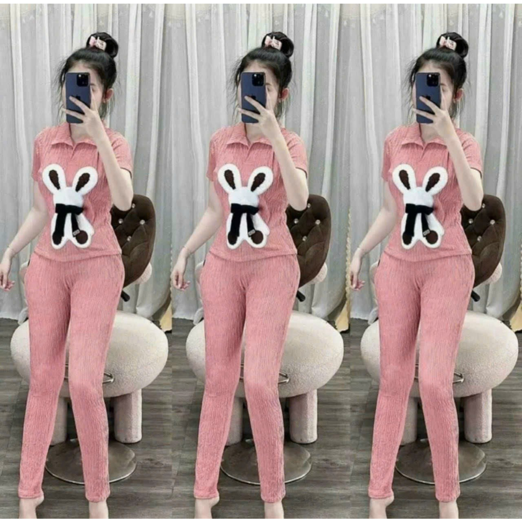 Set Dài Xốp Áo Cổ Trụ Thêu Gấu Phối Nơ Bigsize Mặc Nhà