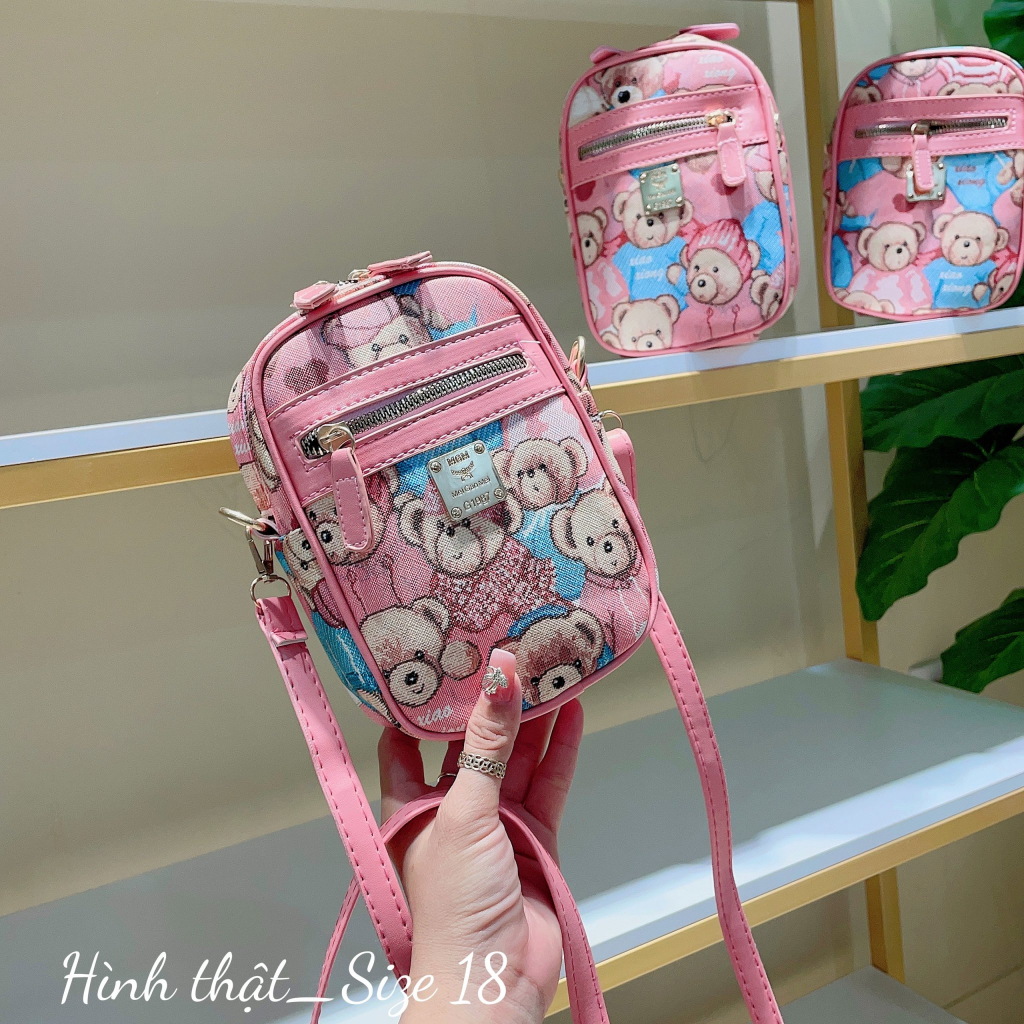 Túi đeo chéo điện thoại 3 ngăn vai in hình gấu hồng phong cách mới dễ thương giá rẻ