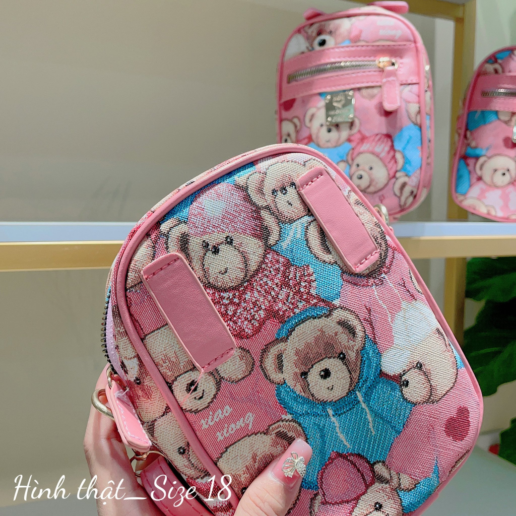 Túi đeo chéo điện thoại 3 ngăn vai in hình gấu hồng phong cách mới dễ thương giá rẻ