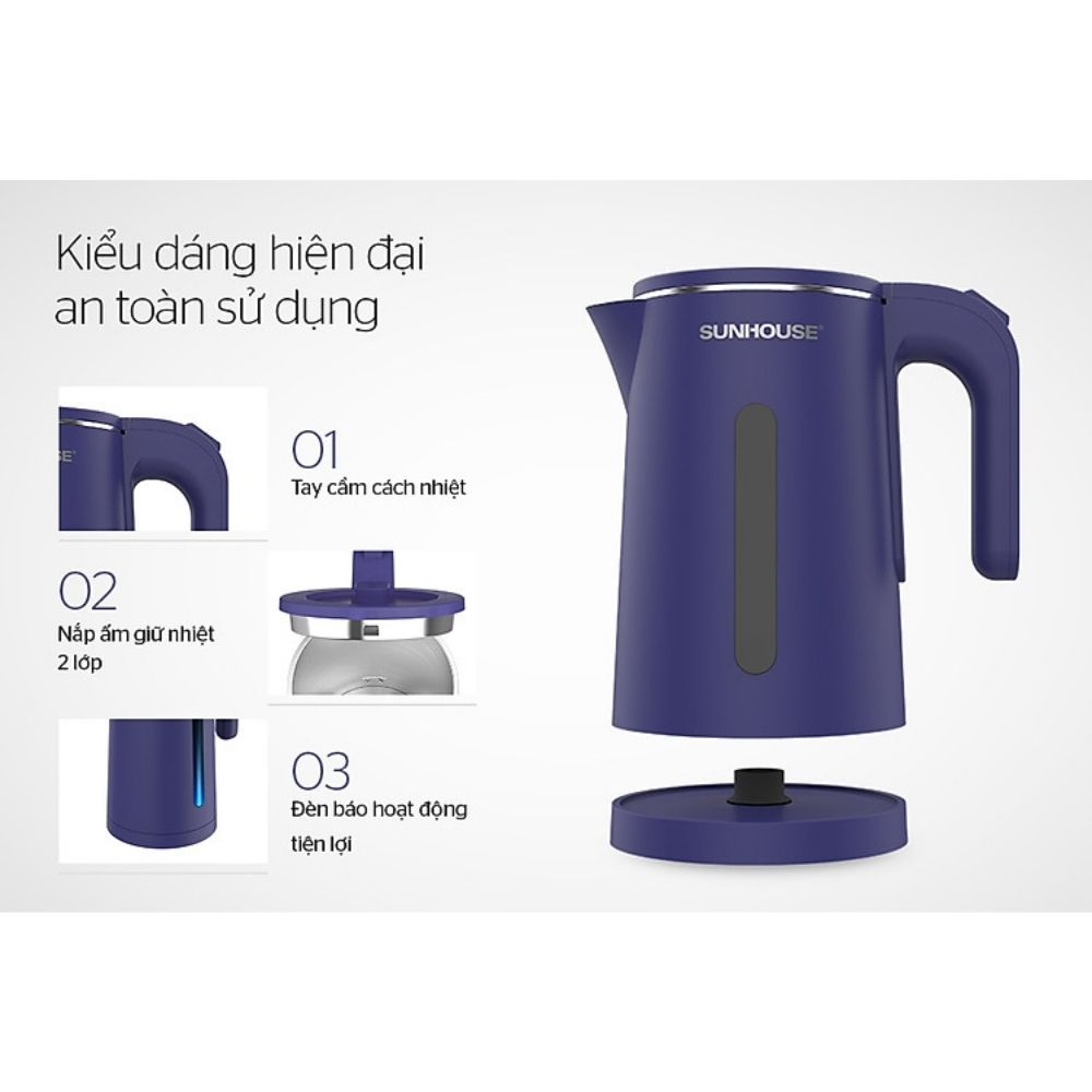 ẤM SIÊU TỐC INOX 2 LỚP 1.8L SUNHOUSE SHD1355 Công Suất 1500W, Đun Sôi Nước Nhanh Từ 4-6 Phút- bảo hành 12 tháng