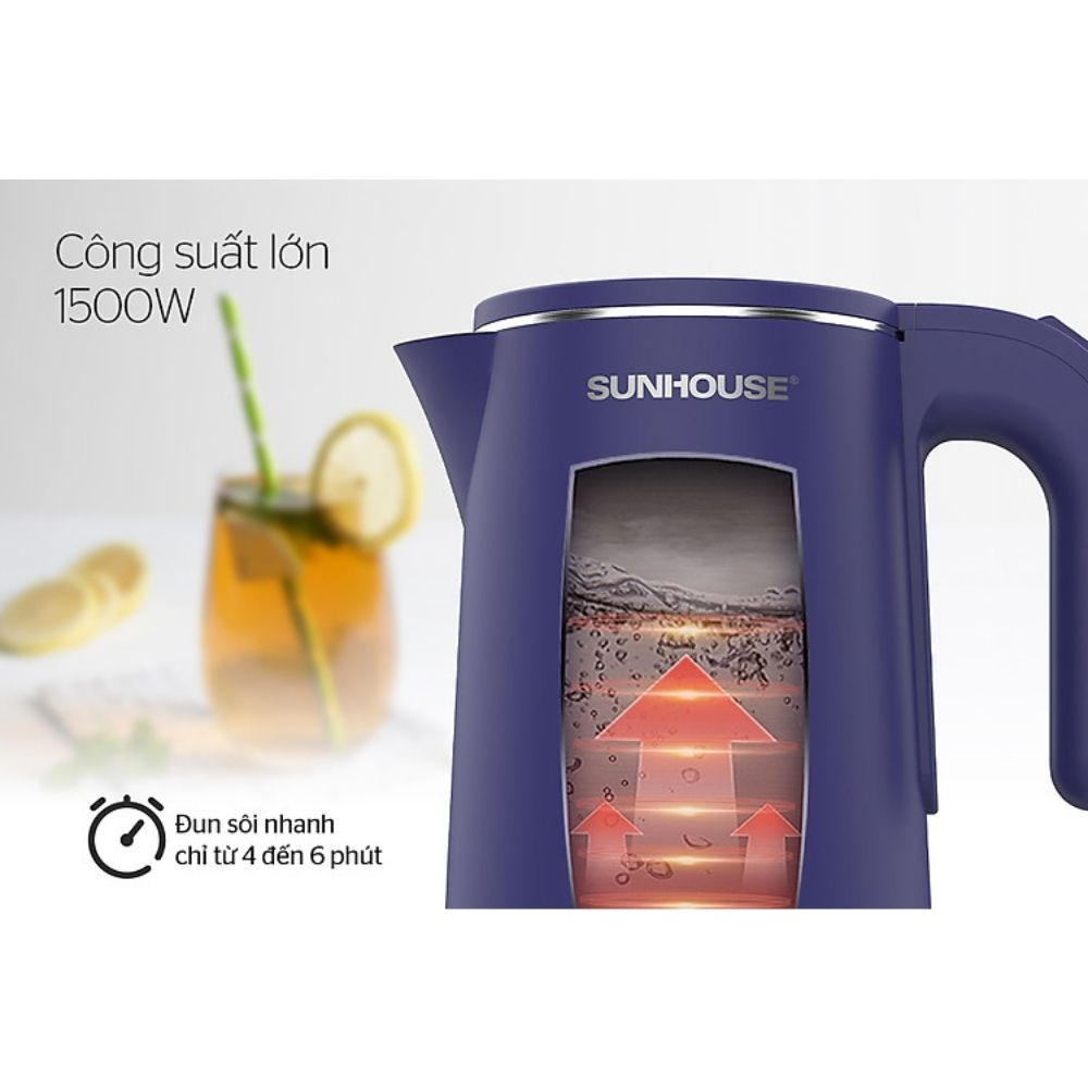 ẤM SIÊU TỐC INOX 2 LỚP 1.8L SUNHOUSE SHD1355 Công Suất 1500W, Đun Sôi Nước Nhanh Từ 4-6 Phút- bảo hành 12 tháng