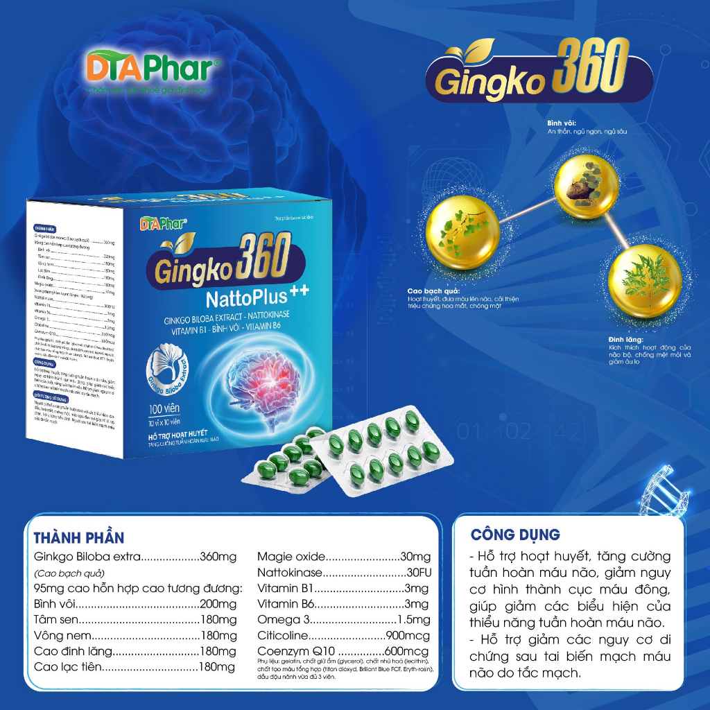Viên uống GINKGO 360 Natto Plus hỗ trợ hoạt huyết dưỡng não tăng cường tuần hoàn máu não h100v