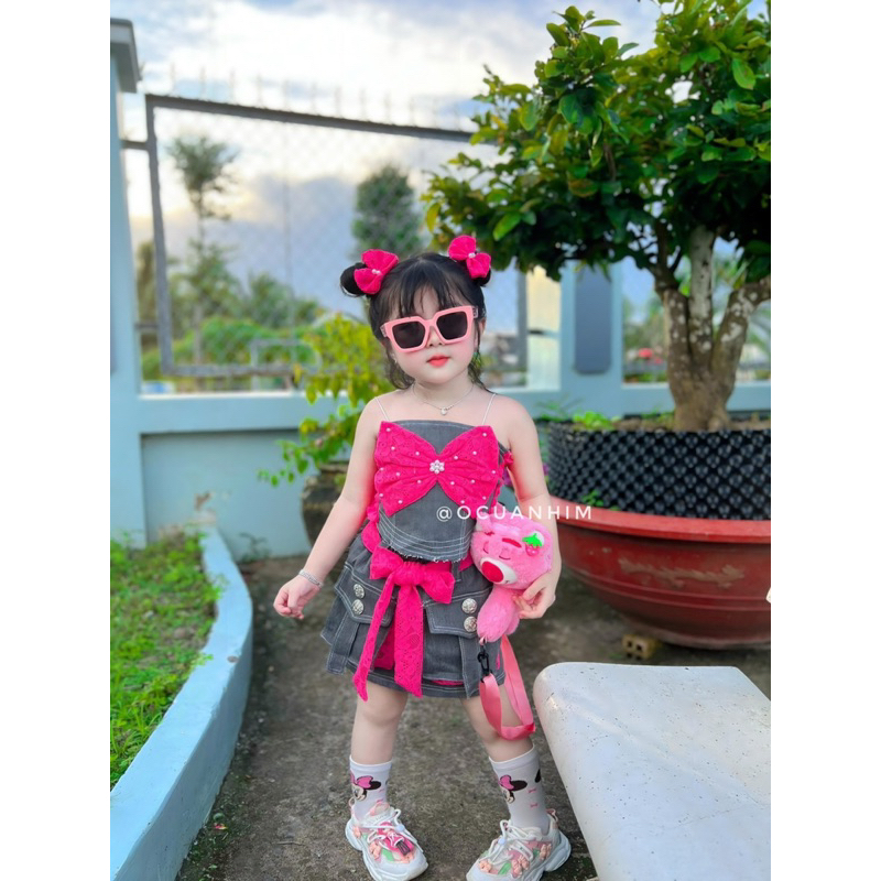 Set váy jeans nơ hồng cá tính cho bé