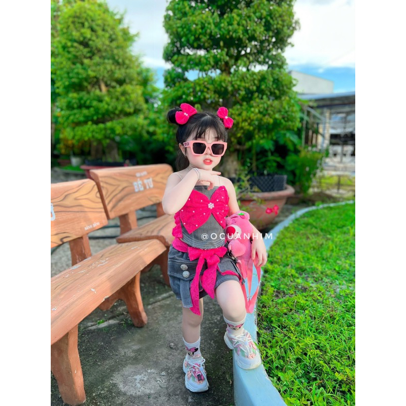 Set váy jeans nơ hồng cá tính cho bé