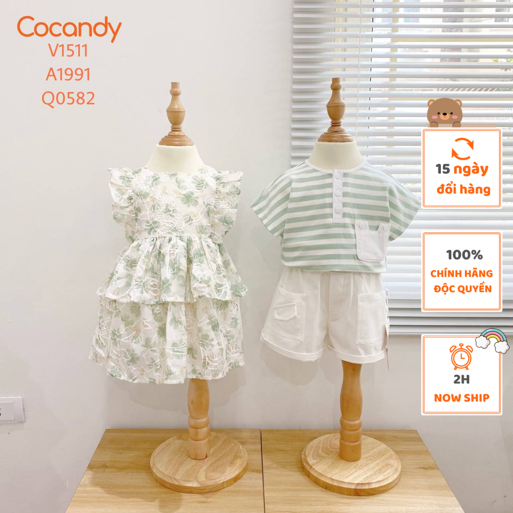 Set đồ cho bé -Áo cộc kẻ XLÁ phối túi TRẮNG và Váy sát nách 2 tầng hoa XANH cho bé của COCANDY mã A1991,V1511