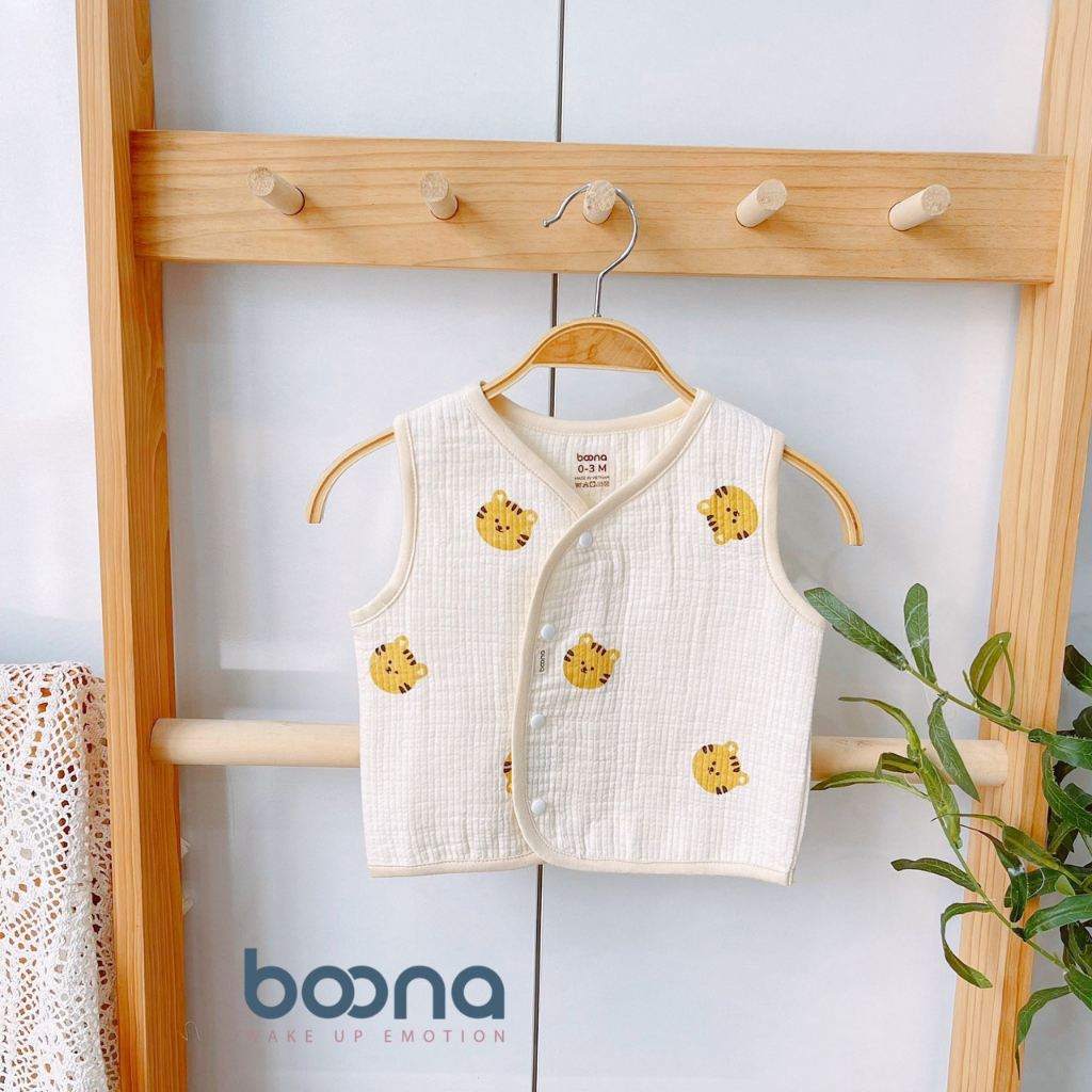 Áo ghi lê Boona cho bé sơ sinh làm từ vải Muslin trần 3 lớp dày dặn, hoạ tiết đáng yêu