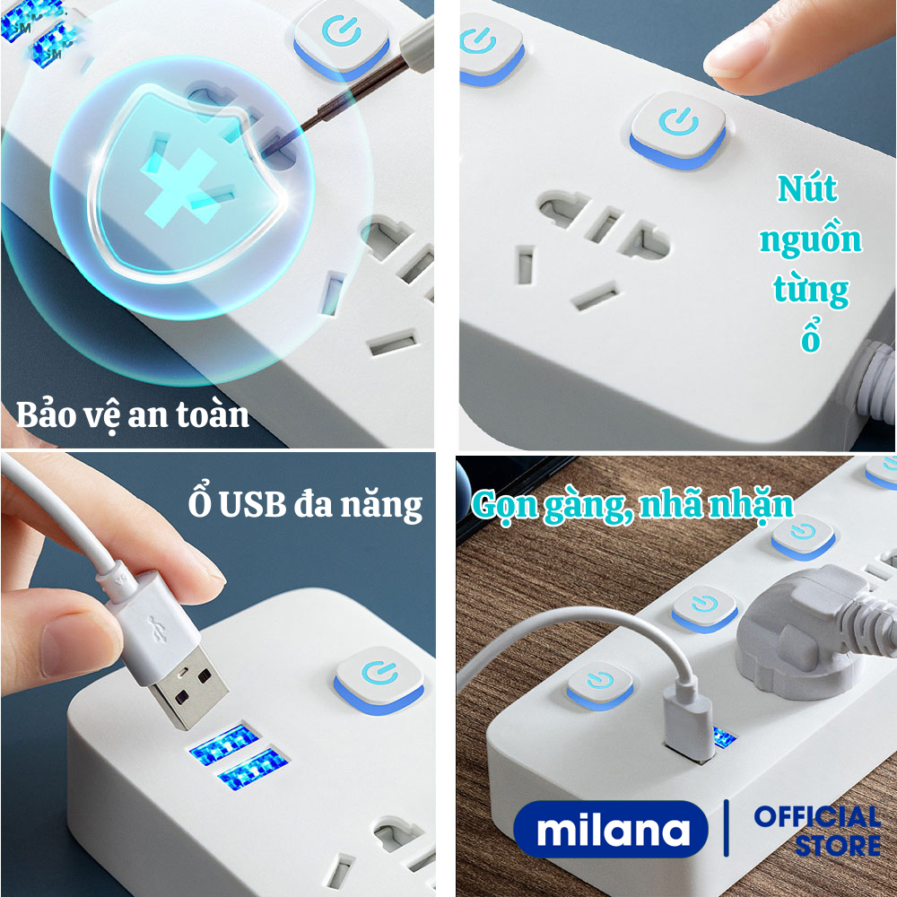 Ổ cắm điện đa năng thông minh có cổng USB tiện lợi an toàn chống giật chống cháy nổ dài 1,8-2,8m