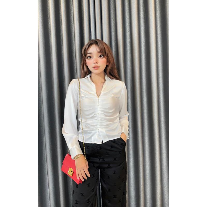 Sơ mi nữ satin nhún ngực sang xịn