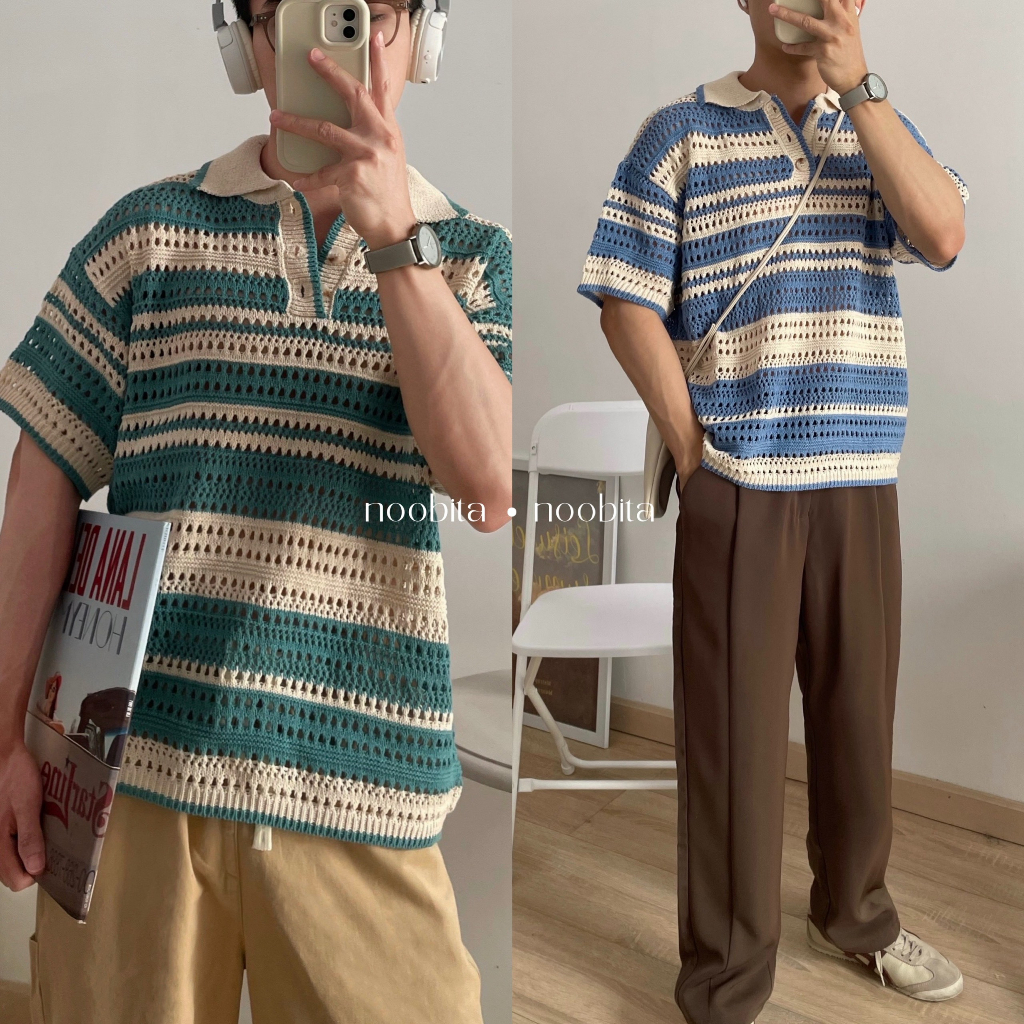NOOBITA - Polo len lưới kẻ sọc form boxy 8032