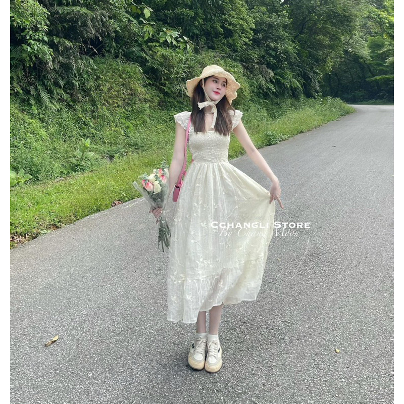 Váy maxi thêu hoa chất tơ xốp nhăn 2 lớp chạy chun ngực