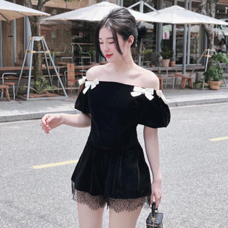 Áo nhung trễ vai đính nơ sang chảnh , Áo hở vai tay phồng đính nơ tiểu thư •JENACLOTHES