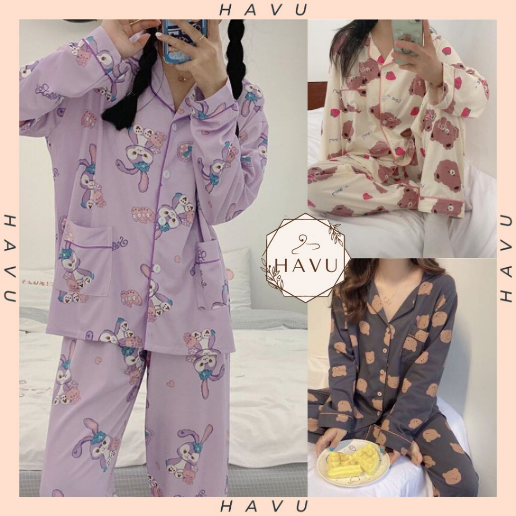 Đồ bộ mặc nhà pyjama DÀI TAY nhiều họa tiết HAVU SHOP , bộ pijama nữ tay dài quần dài cute