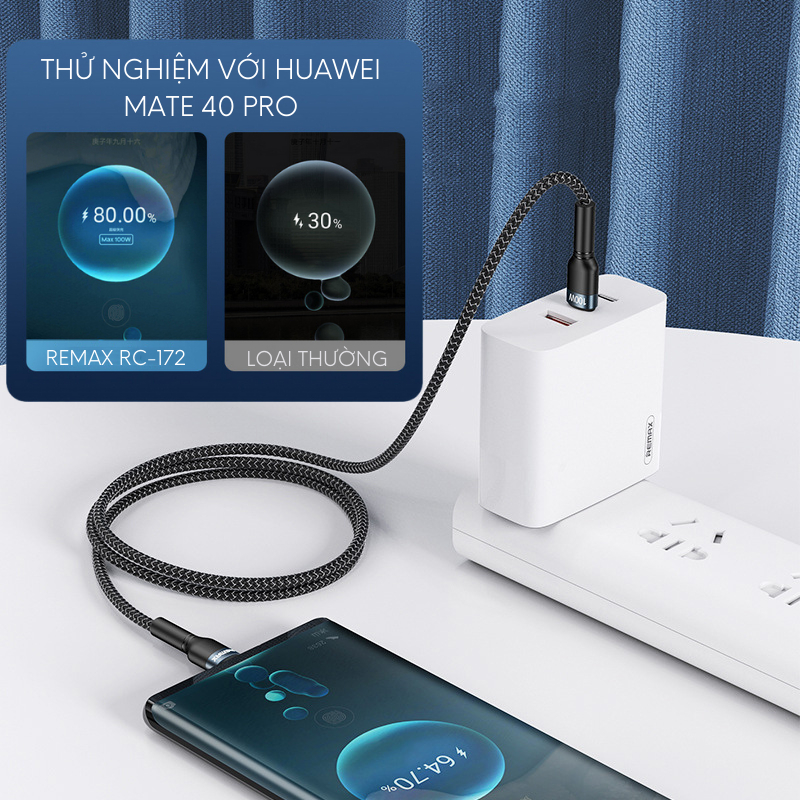 Dây sạc nhanh type C PD100W chính hãng Remax RC-172 dành cho điện thoại Samsung Huawei Xiaomi bện vải siêu bền