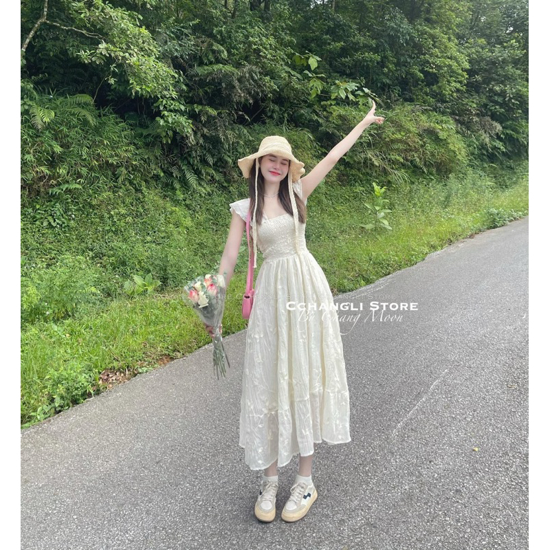 Váy maxi thêu hoa chất tơ xốp nhăn 2 lớp chạy chun ngực