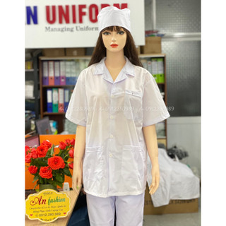 Áo blouse y tế form rộng nam nữ tay ngắn vải kate 3 túi vuông_ Hình chụp thật
