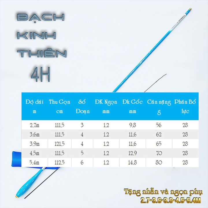Cần câu tay Bạch Kinh Thiên 4H carbon chuẩn hãng - tặng kèm ngọn phụ + nhẫn CD-49