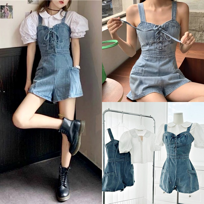 ĐẦM JUMPSUIT GIẢ VÁY NGẮN SET QUẦN YẾM 2 DÂY CỔ U ỐNG RỘNG JEAN DÂY ĐAN NGỰC + ÁO SƠ MI ĐI TIỆC NOEL DẠO PHỐ ĐI CHƠI