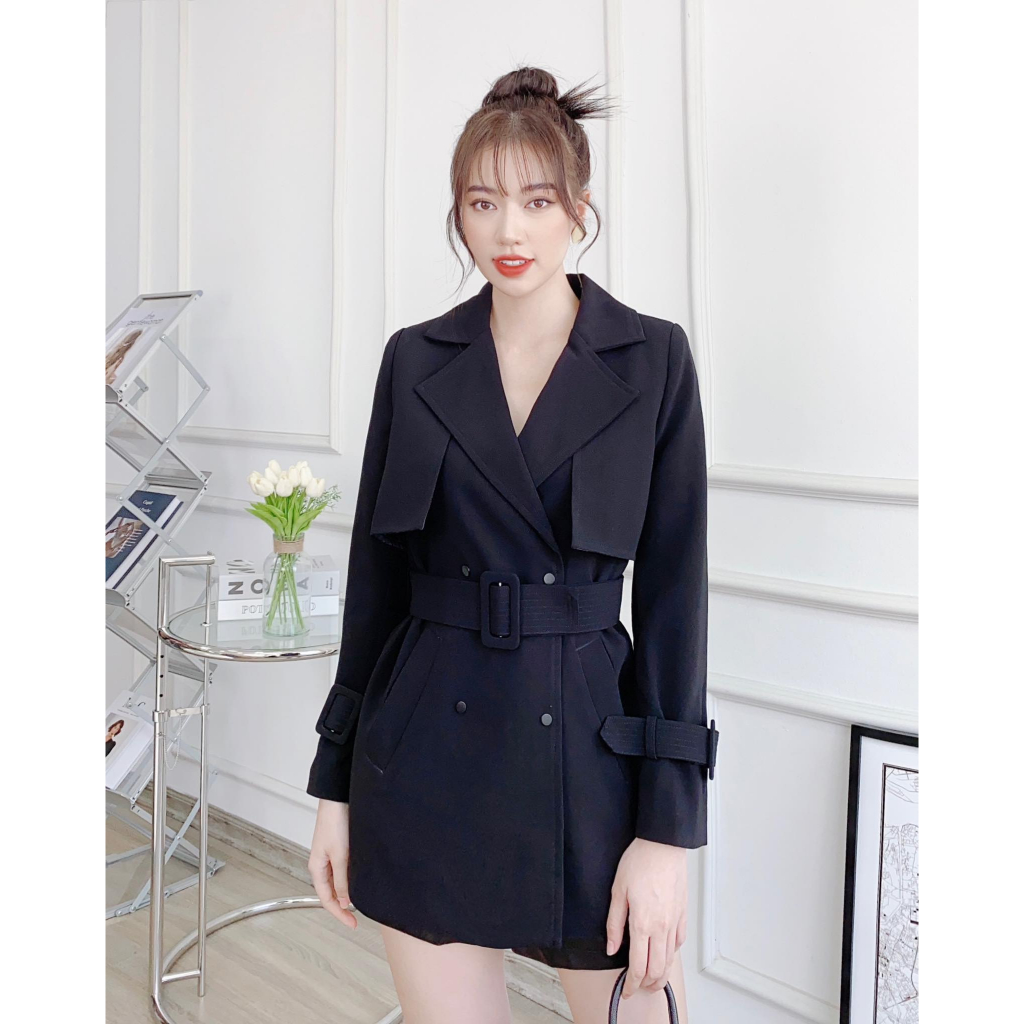 Áo khoác măng tô dáng ngắn Odelia, 2 lớp kèm đai