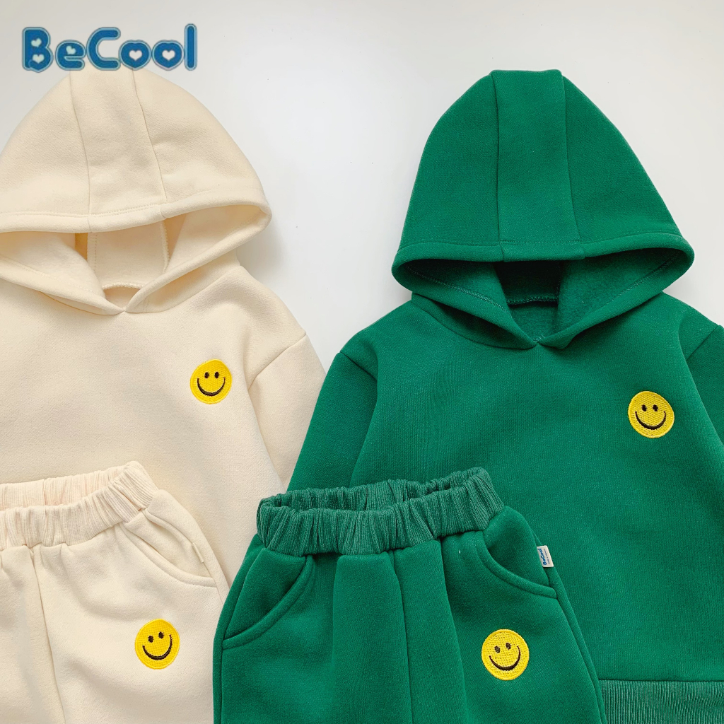 Bộ Nỉ Bông Thêu Hình Mặt Cười Có Mũ Cho Bé Trai - Bé Gái Từ 10-27kg MINKYSUN.