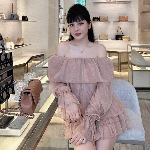 SET Áo hở vai voan tơ bánh bèo kèm chân váy , Áo trễ vai tơ kèm chân váy bèo /Ginastore
